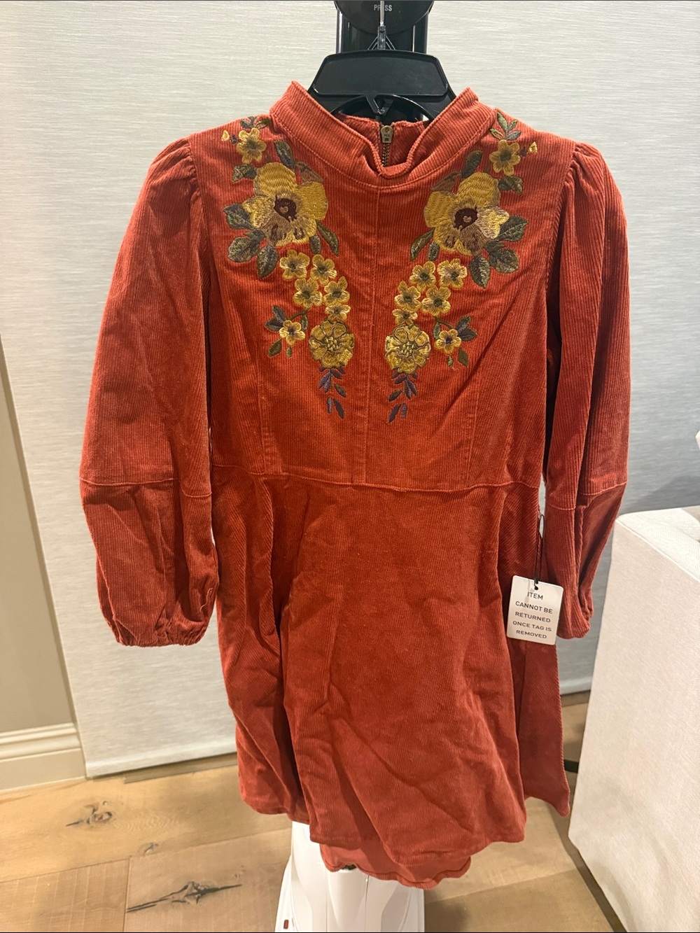 Joyfolie Rust Corduroy Dress with Yellow Floral Embroidery
